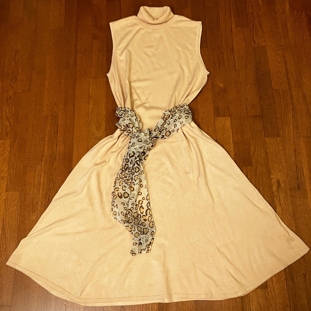 Tan Sleeveless Turtleneck Knit Dress